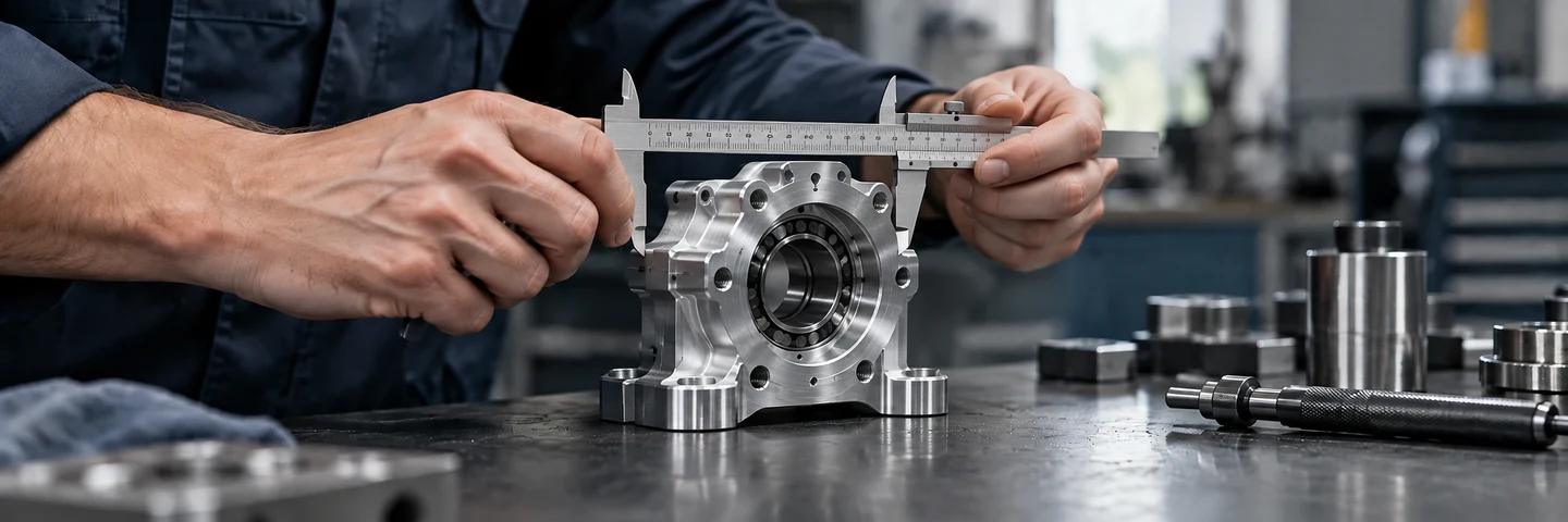 Illustration: hands inspecting a machined component with a vernier caliper.